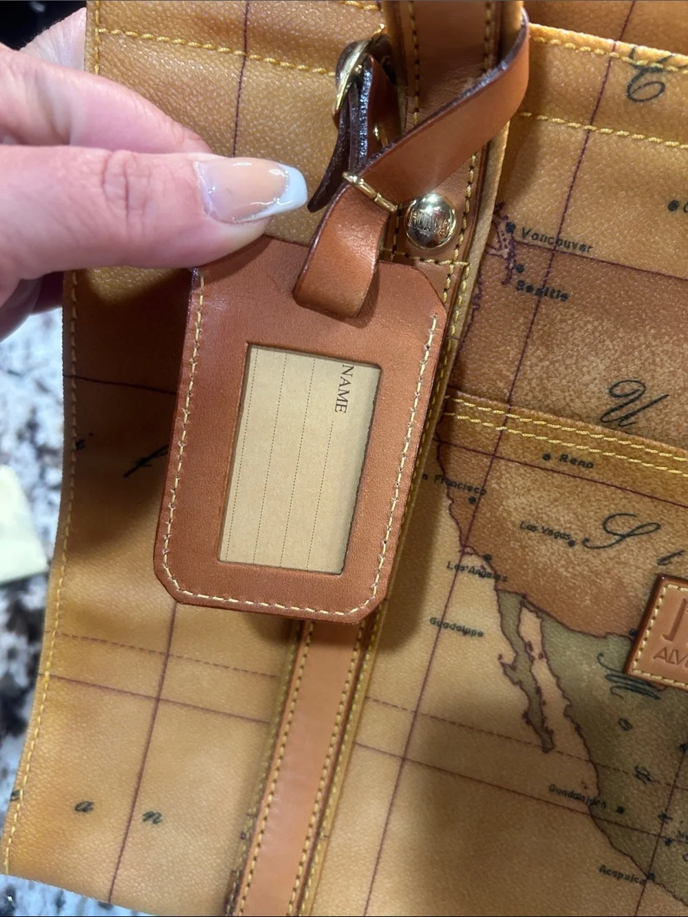 Alviero Martini vtg Tan Map-Print Zip Tote Bag EUC